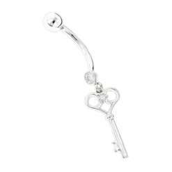 14K White Gold Dangling Key Diamond Belly Button Ring .14ct