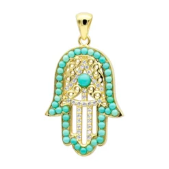 14K Yellow Gold Filigree Turquoise Diamond Hamsa Pendant 0.19ct