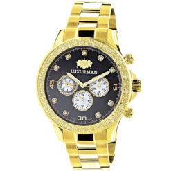 Black Dial Yellow Gold Plated Luxurman Diamond Watch For Men 0.2ct New