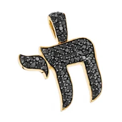 Jewish 14K Yellow Gold Black Diamond Chai Pendant 1.30ct