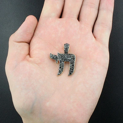 Jewish 14K Yellow Gold Black Diamond Chai Pendant 1.30ct - Image 6