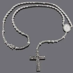 Solid 10K Black Plated Gold Black Diamond Rosary Necklace Chain With Cross 31.55ct