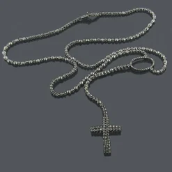 Black Rhodium 10K White Gold Black Diamond Rosary Chain Necklace