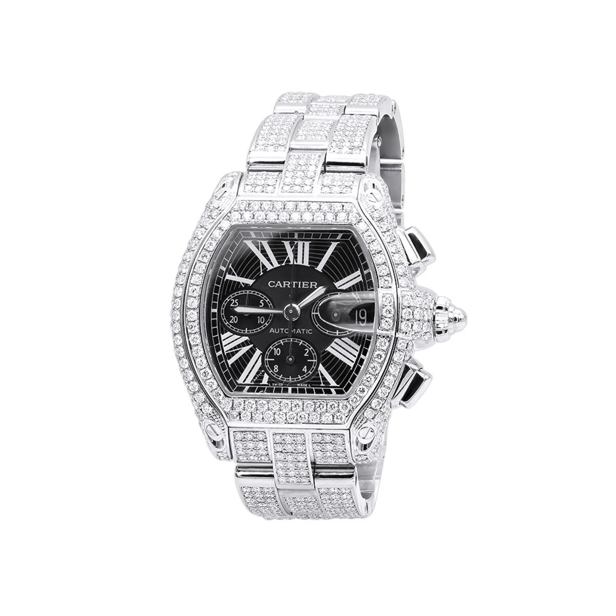 Cartier Roadster Diamond Watch For Men 17.99ct Fully Iced Out