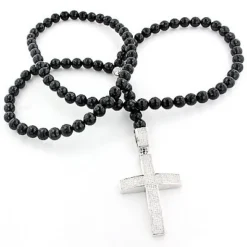 Hip Hop Disco Ball Diamond Cross Rosary Necklace 1.75ct