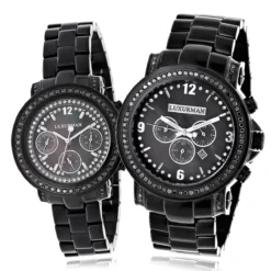 His And Hers Oversized Black Diamond Watch Set By Luxurman 5.15ct