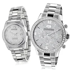 His And Hers Stainless Steel Luxurman Diamond Watch Set 3.5ct