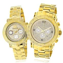 His And Hers Yellow Gold Plated Luxurman Diamond Watch Set 0.55ct