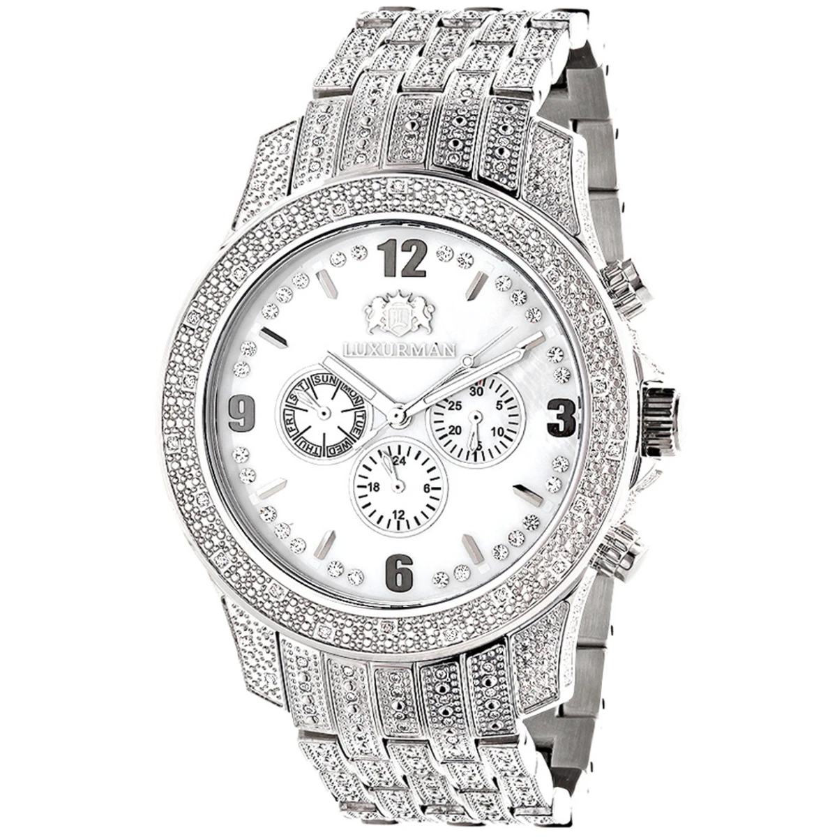 Iced Out Luxurman Men's Diamond Watch 1.25ct White MOP