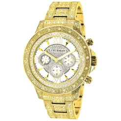Iced Out Men's Luxurman Watch With Diamond Band 1.25ct Yellow Gold Plated