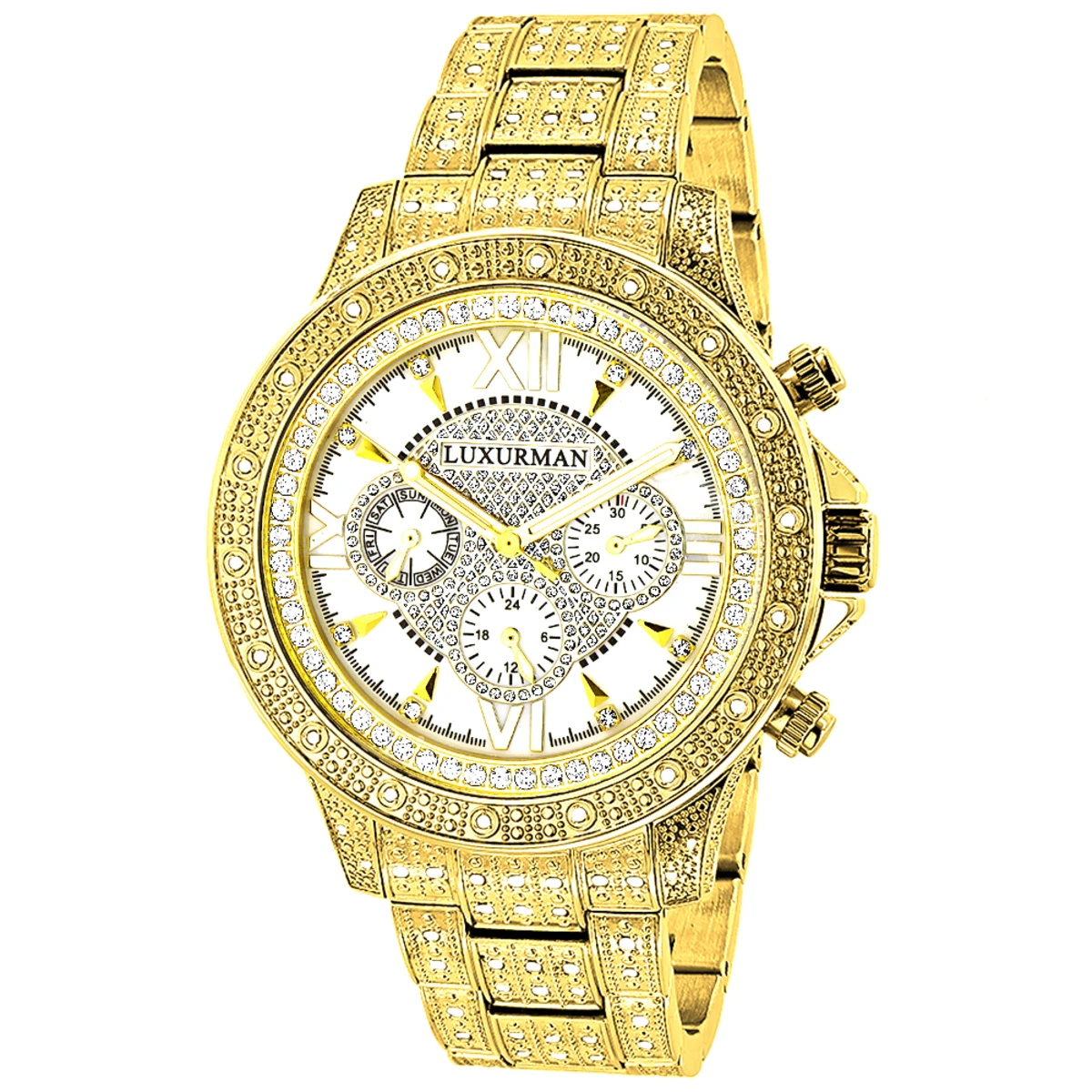 Iced Out Men's Luxurman Watch With Diamond Band 1.25ct Yellow Gold Plated