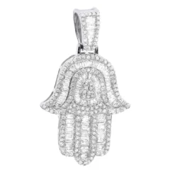 Large 2 Carat Diamond Hamsa Hand Pendant 14K White Gold Amulet