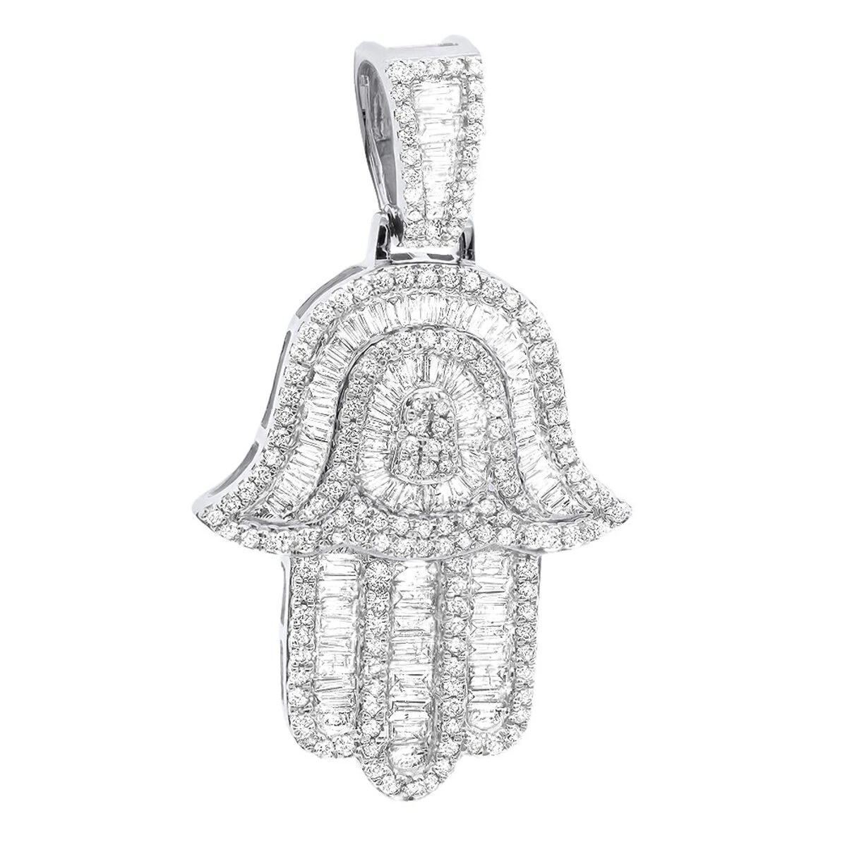 Large 2 Carat Diamond Hamsa Hand Pendant 14K White Gold Amulet