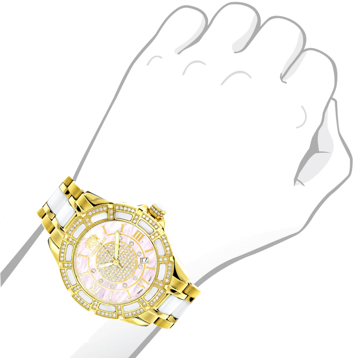 Ladies Diamond Yellow Gold Pld Steel & White Ceramic Watch Pink MOP - Image 3