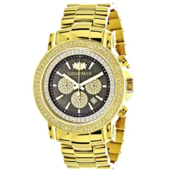 Large Luxurman Men's Watch With Diamonds 0.25ct Yellow Gold Plated W Chronograph