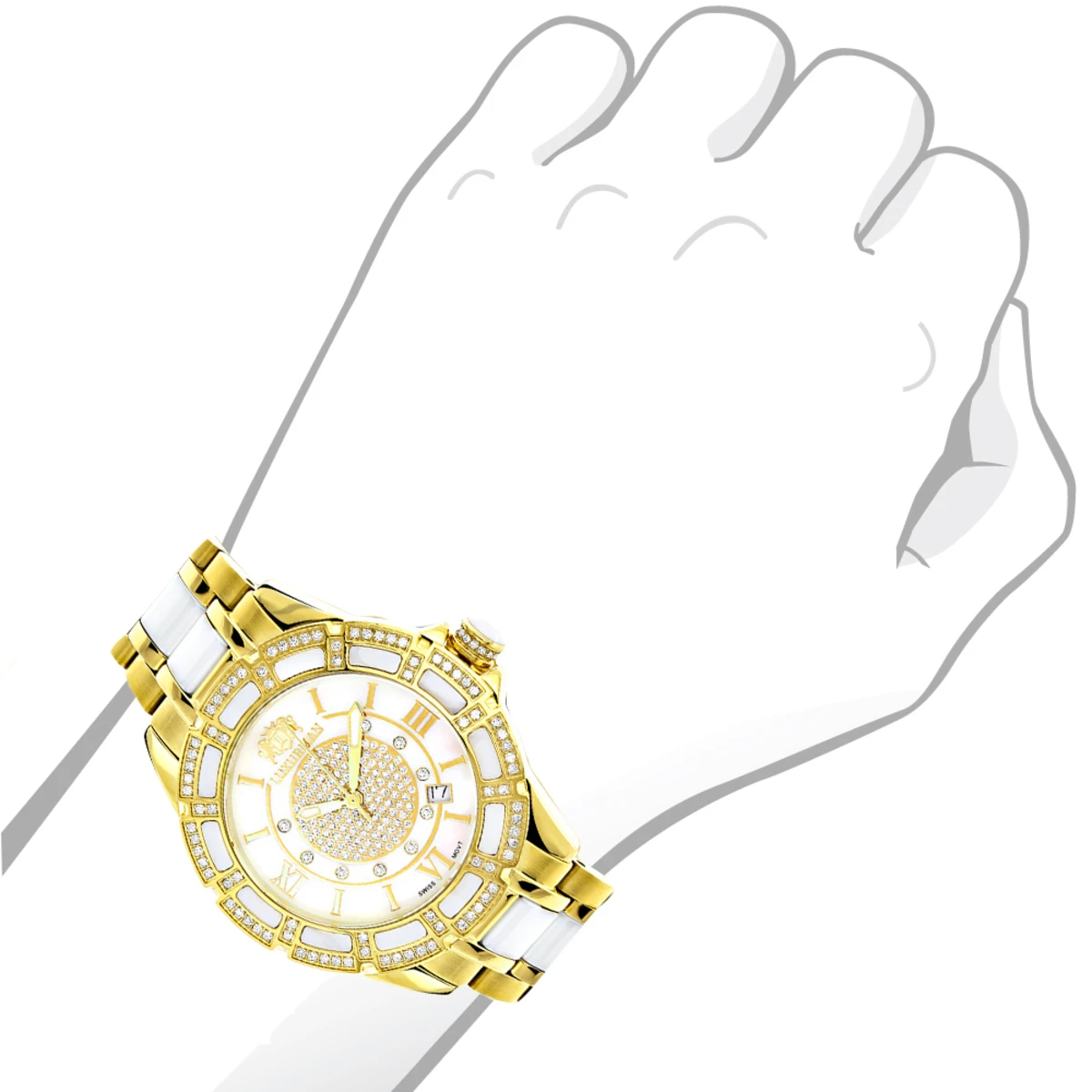 Luxurman Ladies Diamond Ceramic Watch 1.25ct White MOP Galaxy Yellow Gold - Image 4