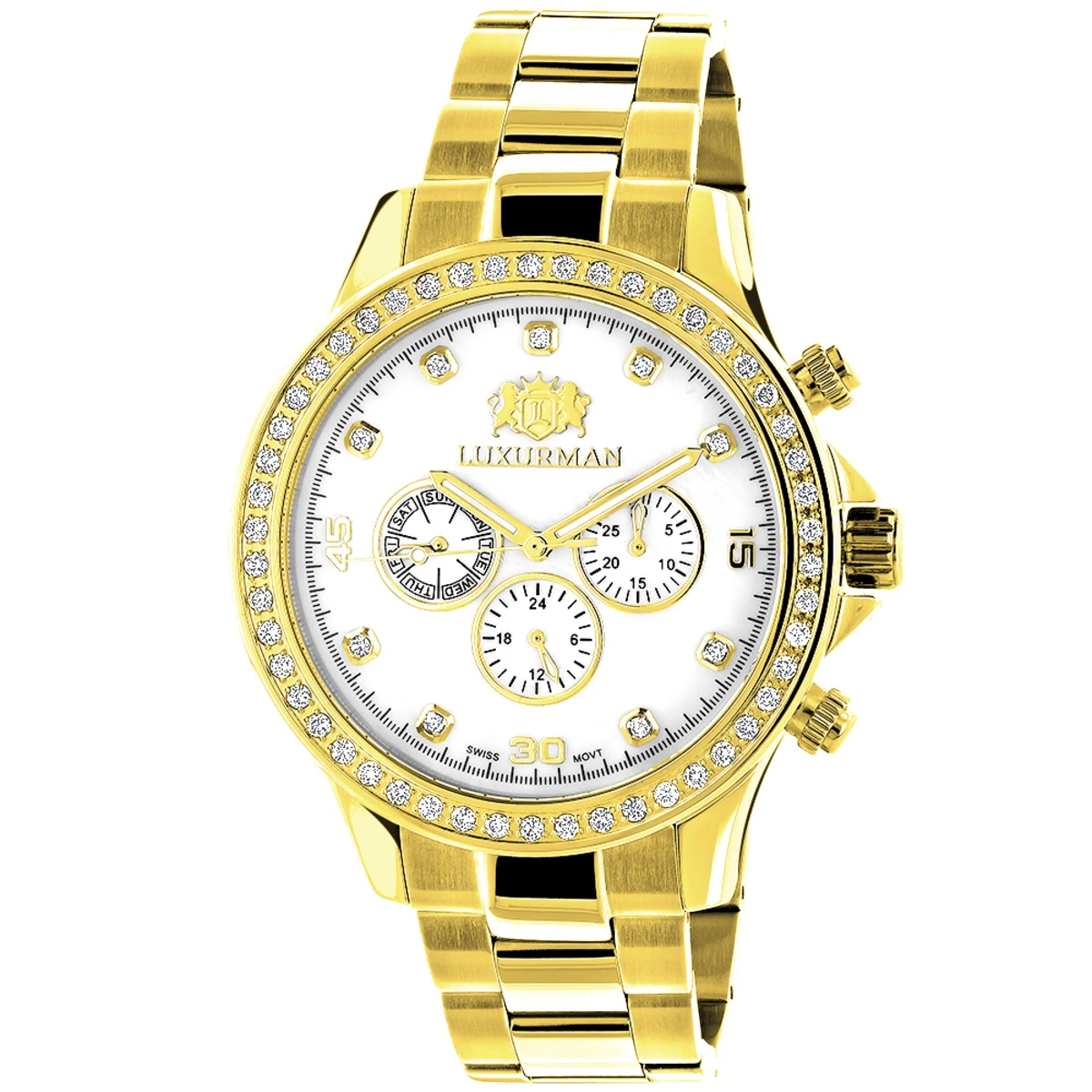 Luxurman Men's Diamond Liberty Watch 2ct Yellow Gold Plated White MOP