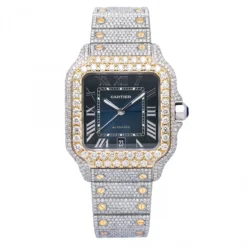 Iced-Out Cartier Santos De Cartier Watch For Men 17.95 CT 18K Gold Stainless Steel 40mm Dark Blue Dial