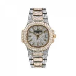 Men's Diamond Watch Patek Philippe Nautilus 18K Gold 37mm Silver Tone Dial