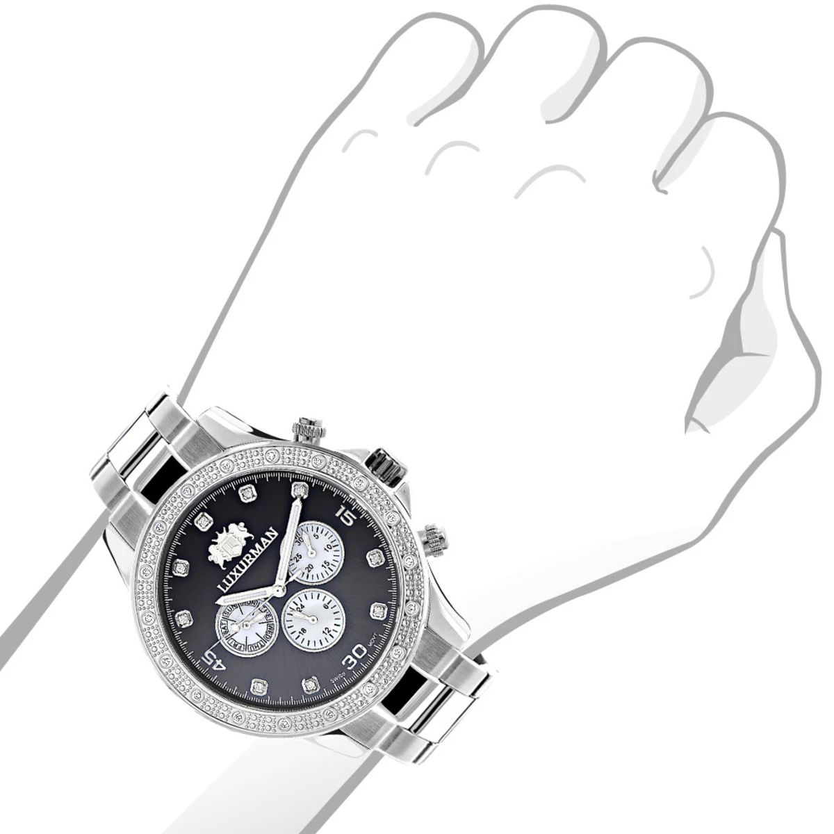 Men's Diamond Watch Swiss Mvt Stainless Steel Band 0.2ct Luxurman Liberty - Image 3