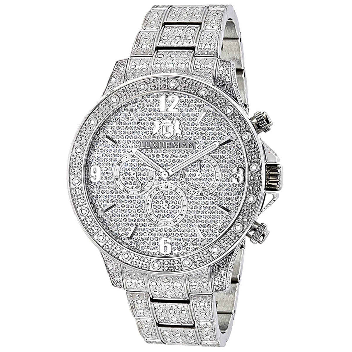 Men's Diamond Fully Iced Out Watch 1.25ct Luxurman Liberty Swiss Mvt