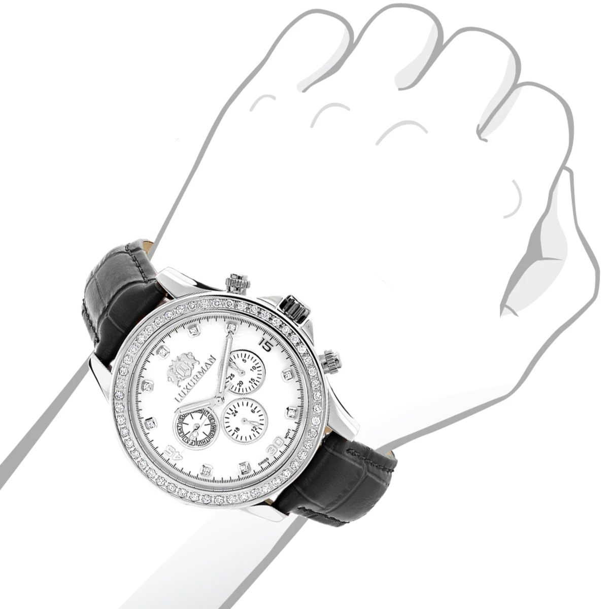 Men's Diamond Luxurman Liberty 2ct Black Leather Band White MOP Watch - Image 3