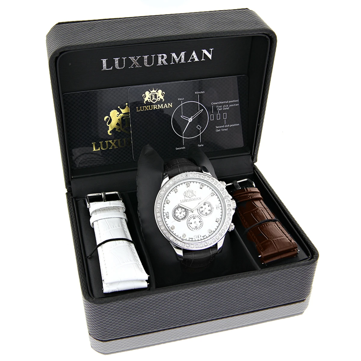 Men's Diamond Luxurman Liberty 2ct Black Leather Band White MOP Watch - Image 4