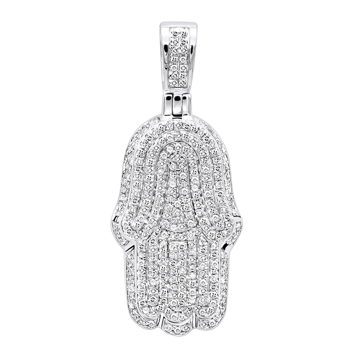 10K White Gold Diamond Hamsa Hand Pendant Fully Iced Out 1 Carat Charm
