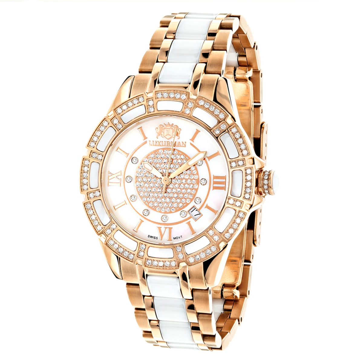 Women's Ceramic Rose Gold Diamond Two Tone White MOP Luxurman Galaxy