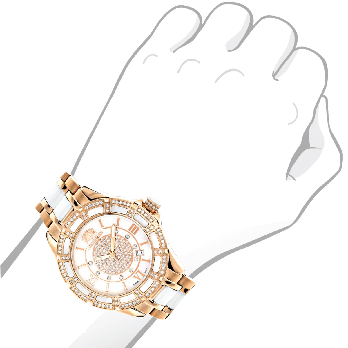 Women's Ceramic Rose Gold Diamond Two Tone White MOP Luxurman Galaxy - Image 3