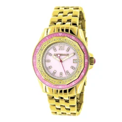 Yellow Gold Plated Ladies Diamond Pink Watch 0.25ct Luxurman
